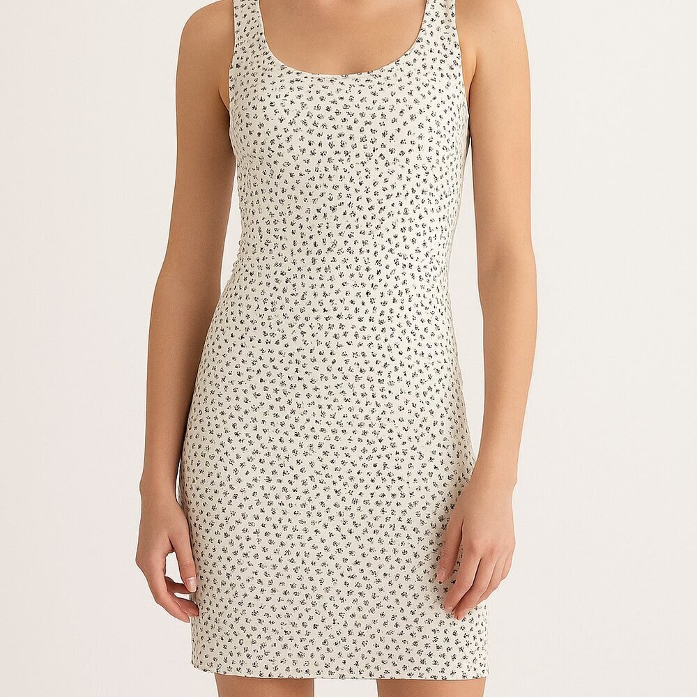 H&M Creamy White Dress Womens 4 Black Flowers Pattern Preppy Feminine Tie Back